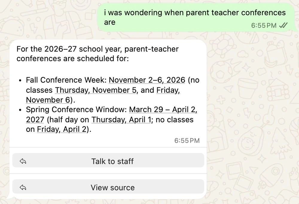 A WhatsApp chat with BaboBot. A parent asks when parent-teacher conferences are. BaboBot lists the fall conference week and the spring window, with Talk to staff and View source buttons.